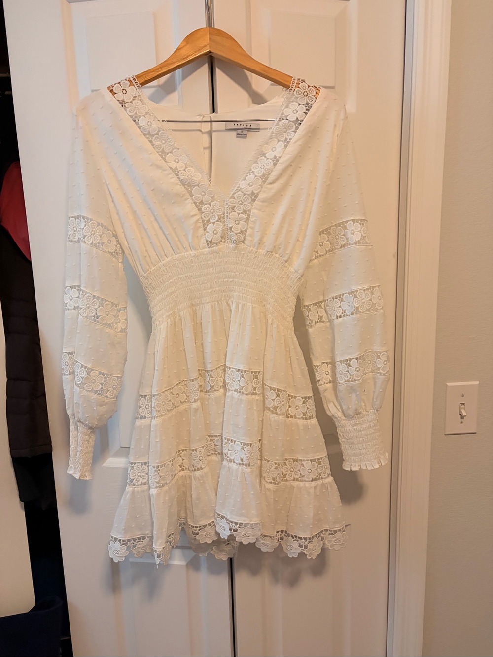 FAVLUX White Lace-Trimmed V-Neck Mini Dress